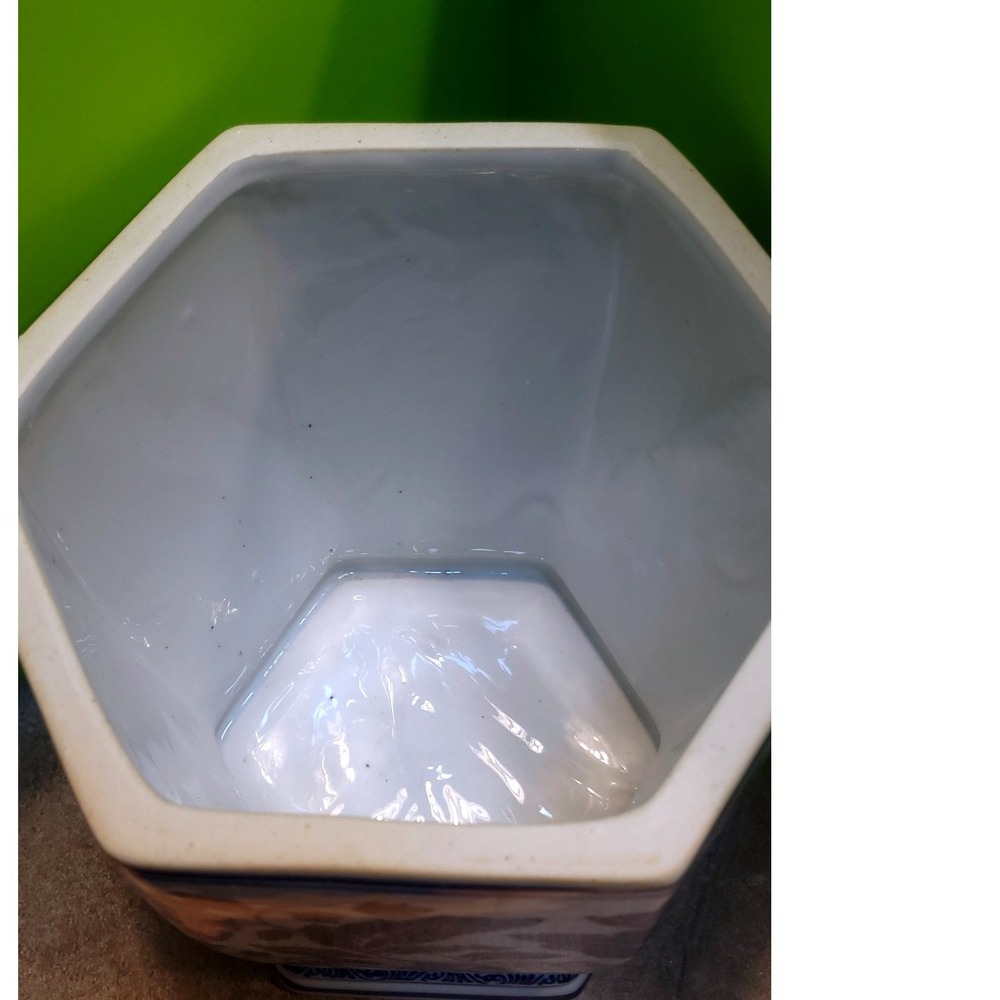 Vintage Blue and White Chinoiserie Hexagonal Ceramic Ginger Jar with Lid 13in - Picture 7 of 7